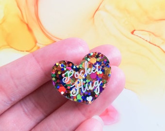 Handmade small rainbow glitter resin pocket hug pins on a card, isolation gift, thoughtful gift