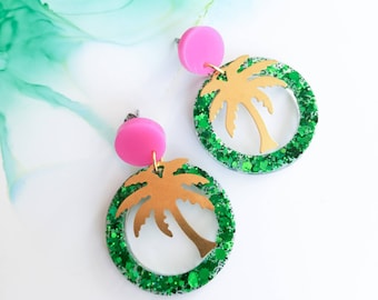 Handmade glitter resin circle and palm tree earrings, green and pink, dangle drop earrings, hypoallergenic surgical steel