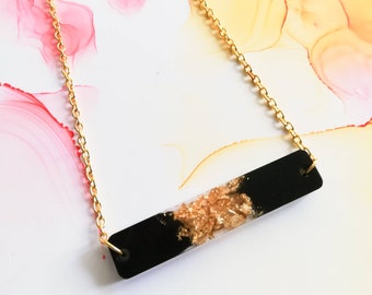 Handmade rectangle pendant resin necklace, black and gold leaf, gold plated chain, women gift