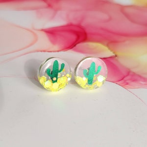 Handmade resin glitter cactus stud earrings, hypoallergenic