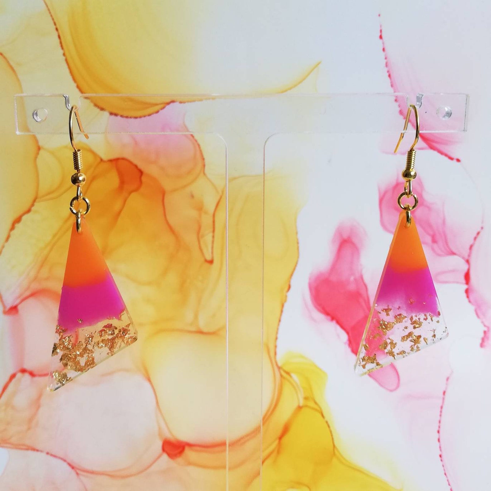 Handmade Triangle Resin Earrings, Pink, Orange and Gold Leaf, Gold ...