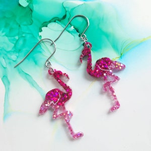 Handmade pink glitter resin flamingo earrings