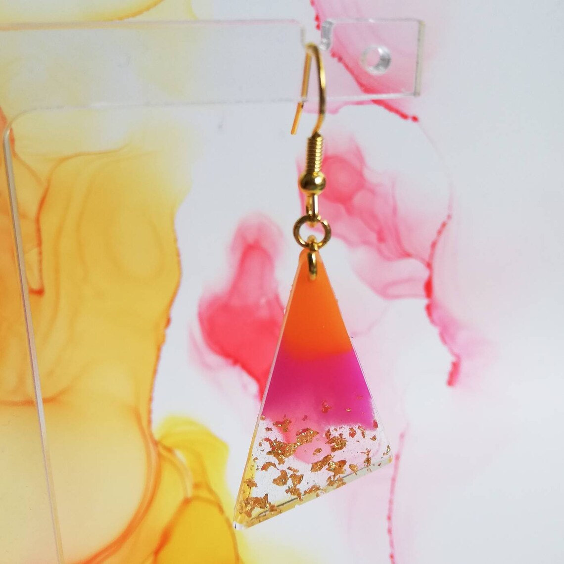 Handmade Triangle Resin Earrings, Pink, Orange and Gold Leaf, Gold ...