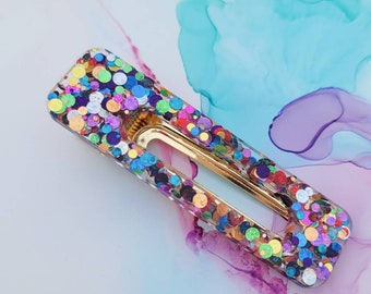 Handmade rainbow dots glitter resin hair clip, large hair barrette