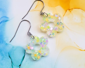 Handmade yellow and green pastel glitter flower resin earrings,  dangle drop earrings,  surgical steel