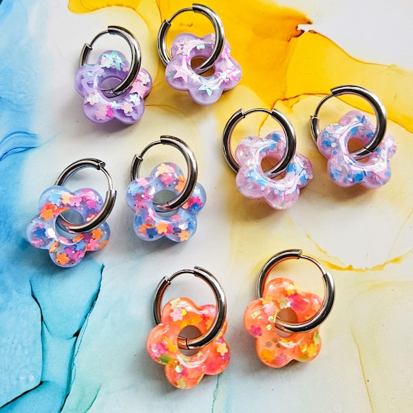 Handmade Glitter Resin Flower Earrings: Chunky Stainless Steel Hoops