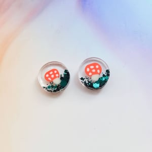 Handmade cute mushroom resin earrings studs, green glitter, surgical steel post