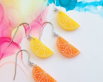 Handmade glitter dangle drop fruit slice resin earrings, yellow lemon or orange,  summer earrings