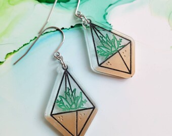 Handmade terrarium resin earrings, gold green and black, surgical steel hooks