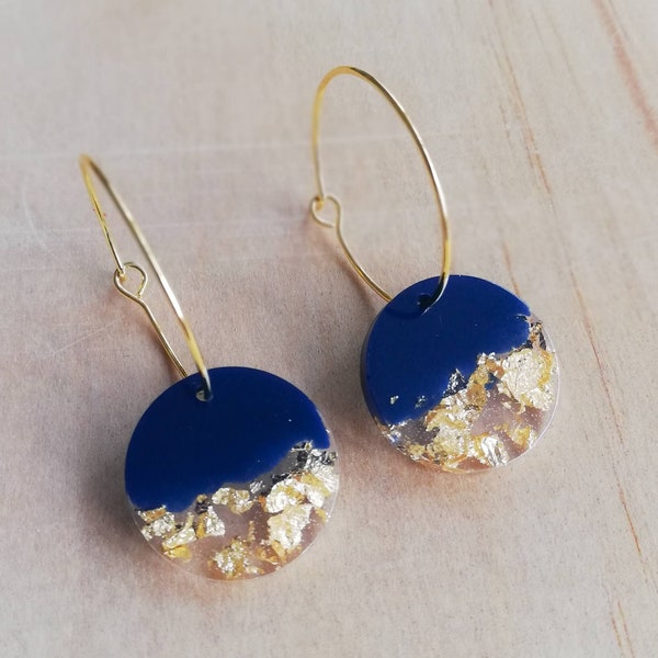 Gold plated hoop earrings with handmade resin circle resin charm, navy blue and gold, gift for her