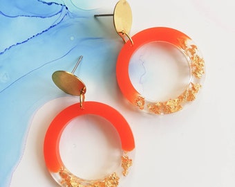 Handmade circle resin earrings, orange and encased gold leaf, modern earrings, hypoallergenic