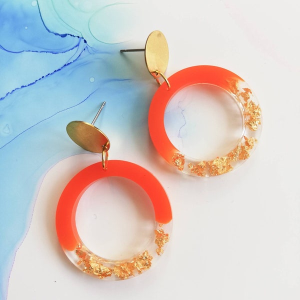 Handmade circle resin earrings, orange and encased gold leaf, modern earrings, hypoallergenic