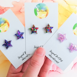 Handmade glitter resin stars earrings studs, rainbow, blue, purple or pink, hypoallergenic surgical steel