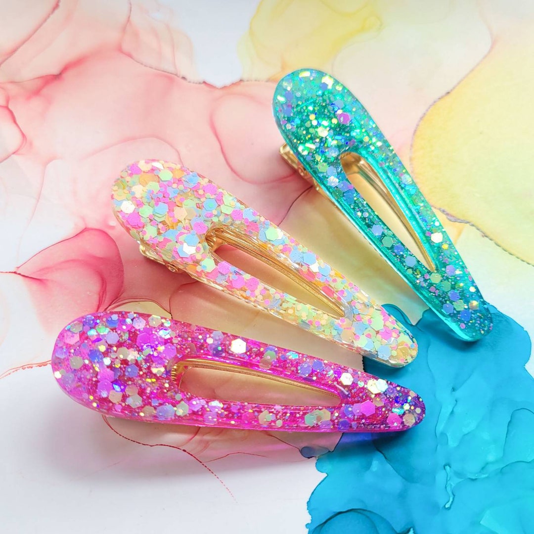 Handmade Glitter Resin Triangle Hair Clip, Turquoise, Pink  display picture 2