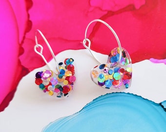 Handmade rainbow dots glitter heart resin hoop earrings