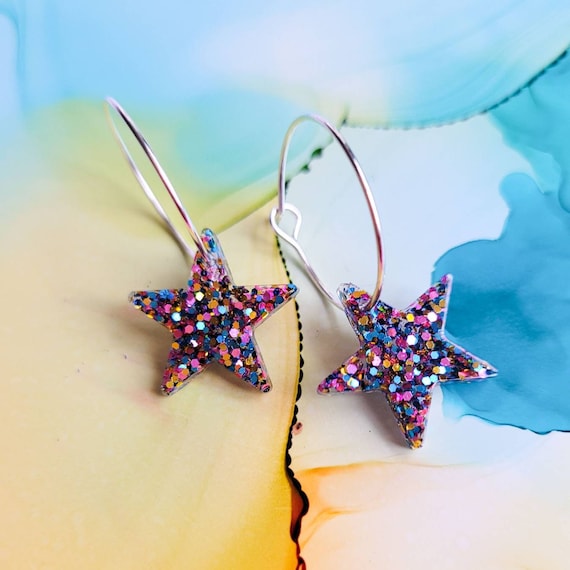 Handmade Glitter Resin Star Charms on Silver Plated Hoop Earrings