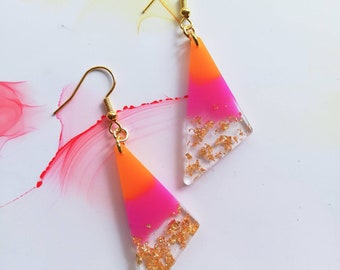 Handmade triangle resin earrings, pink, orange and gold leaf, gold plated hook, birthday gift