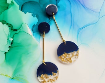 Handmade navy blue and encased golden leaf circle drop resin earrings