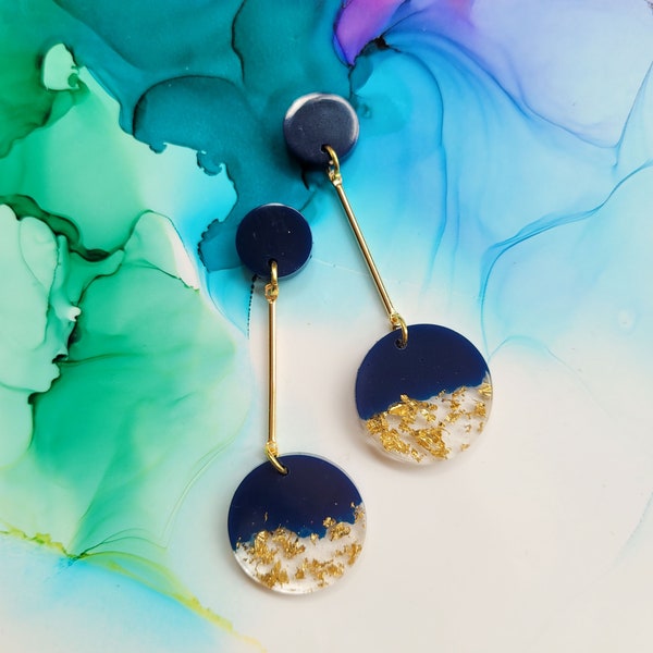 Handmade navy blue and encased golden leaf circle drop resin earrings