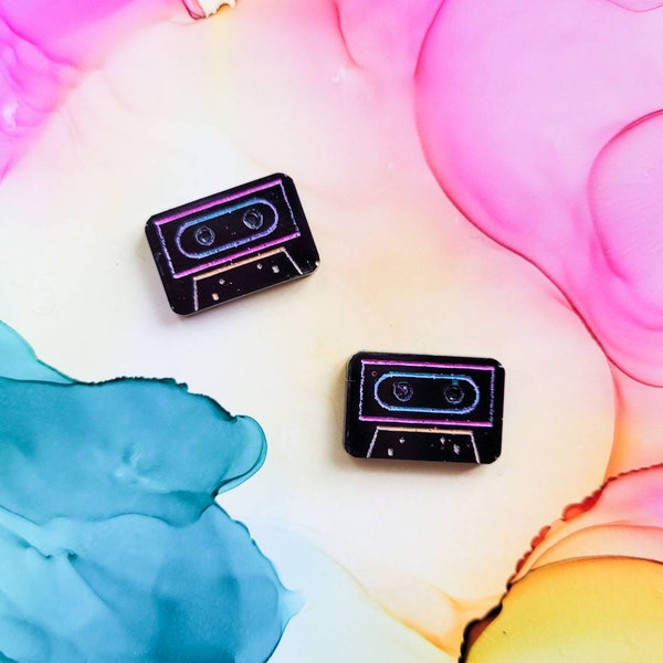 Handmade black resin cassette tapes stud earrings, hypoallergenic