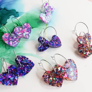 Handmade Glitter Heart Resin Hoop Earrings: Silver Plated