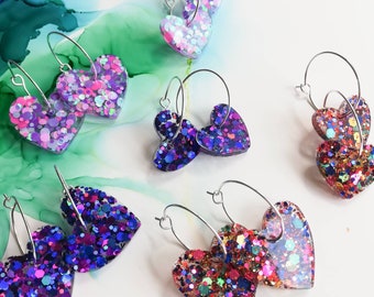 Handmade glitter heart resin hoop earrings, heart charms, gift for her