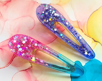 Handmade glitter stars large triangle resin hair clip, blue or pink and turquoise