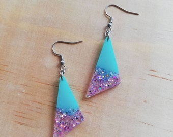 Handmade turquoise and pink glitter triangle resin earrings, fish hook, spring fashion, hypoallergenic, surgical steel