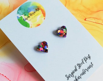 Handmade glitter heart resin stud earrings, rainbow, blue or pink, birthday gift