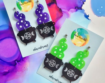 Handmade witch cauldron resin earrings, purple or green, Halloween earrings