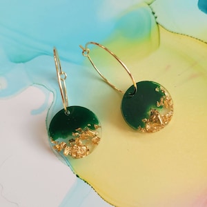 Gold plated hoops earrings with handmade green and gold resin charm