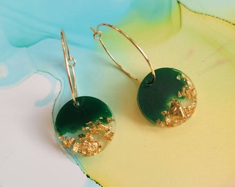 Gold plated hoops earrings with handmade green and gold resin charm