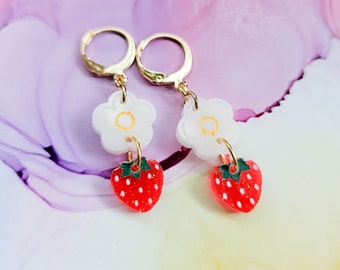 Handmade strawberry and flower resin charms on stainless steel golden huggie hoops