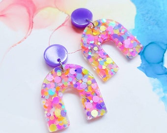 Handmade bright glitter resin arc earrings, summer earrings