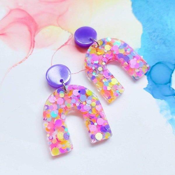 Handmade bright glitter resin arc earrings, summer earrings