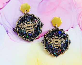 Handmade resin black glitter bee earrings