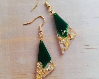Handmade resin green and gold earrings, gold leaf, gold plated, dangle, drop