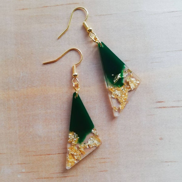 Handmade resin green and gold earrings, gold leaf, gold plated, dangle, drop