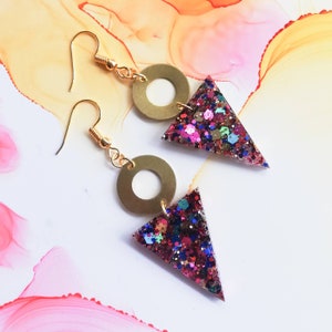 Handmade resin and brass multicoloured geometric glitter earrings,dangle drop, gold plated