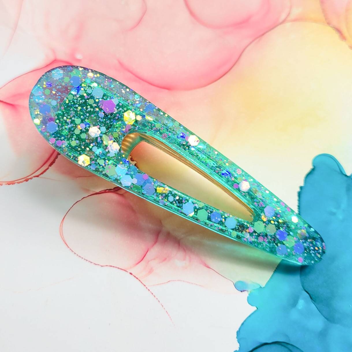 Handmade Glitter Resin Triangle Hair Clip, Turquoise, Pink 