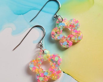 Handmade neon pastel flower resin earrings,  dangle drop earrings,  surgical steel