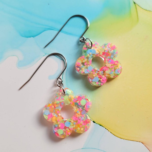 Handmade neon pastel flower resin earrings,  dangle drop earrings,  surgical steel