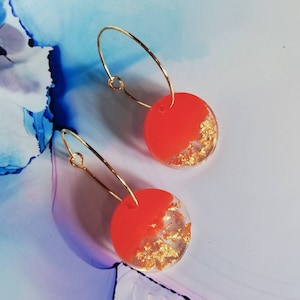 Gold plated hoop earrings with handmade circle resin charm, orange and gold, perfect gift for her