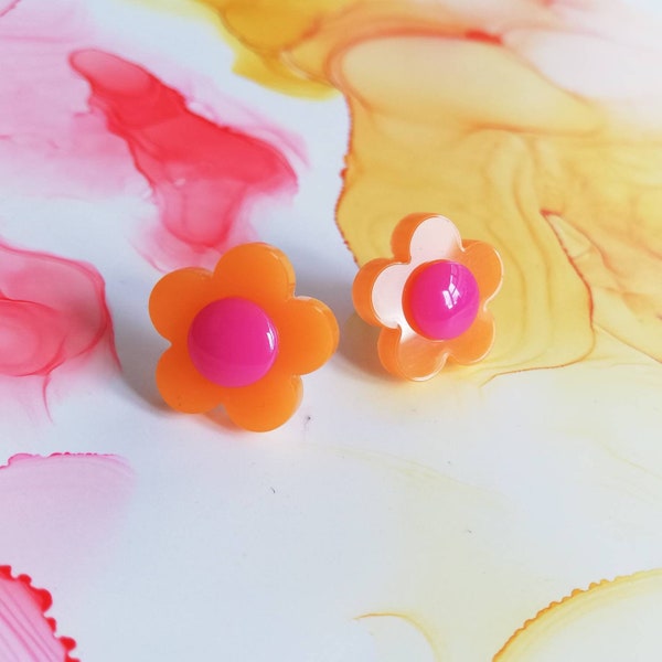 Handmade orange and pink flower resin stud earrings, 70s inspired, hypoallergenic surgical steel