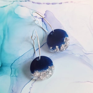 Handmade navy blue and silver circle resin charm on silver plated hoop earrings