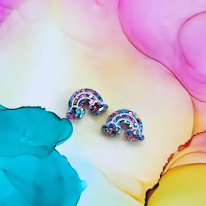 Handmade glitter rainbow resin stud earrings, hypoallergenic surgical steel