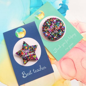 Rainbow Glitter Resin Teacher Badge: Star or Circle - Thank You Gift
