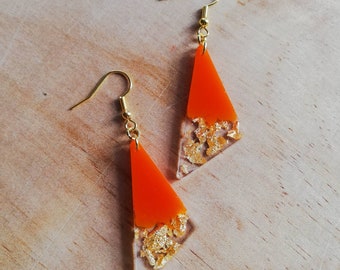 Handmade triangle resin earrings, orange and gold leaf, gold plated hook, dangle, drop