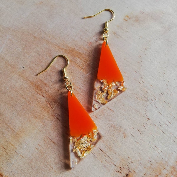 Handmade triangle resin earrings, orange and gold leaf, gold plated hook, dangle, drop