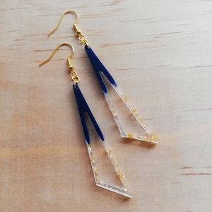 Handmade long drop navy and gold triangle resin earrings, dangle, gold plated hook, women earrings